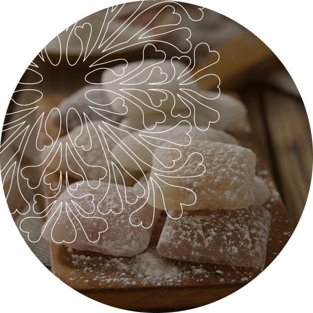 Image d'une variété de mochis saupoudrés de sucre glace, disposés en pile sur une planche en bois. Cela illustre la diversité et la préparation traditionnelle des mochis, un dessert japonais populaire, dans le cadre de l'explication de ce que sont les mochis et leur histoire au Japon.